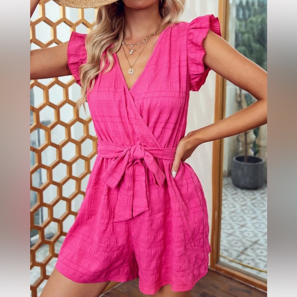 Textured Surplice Neck Belted Romper